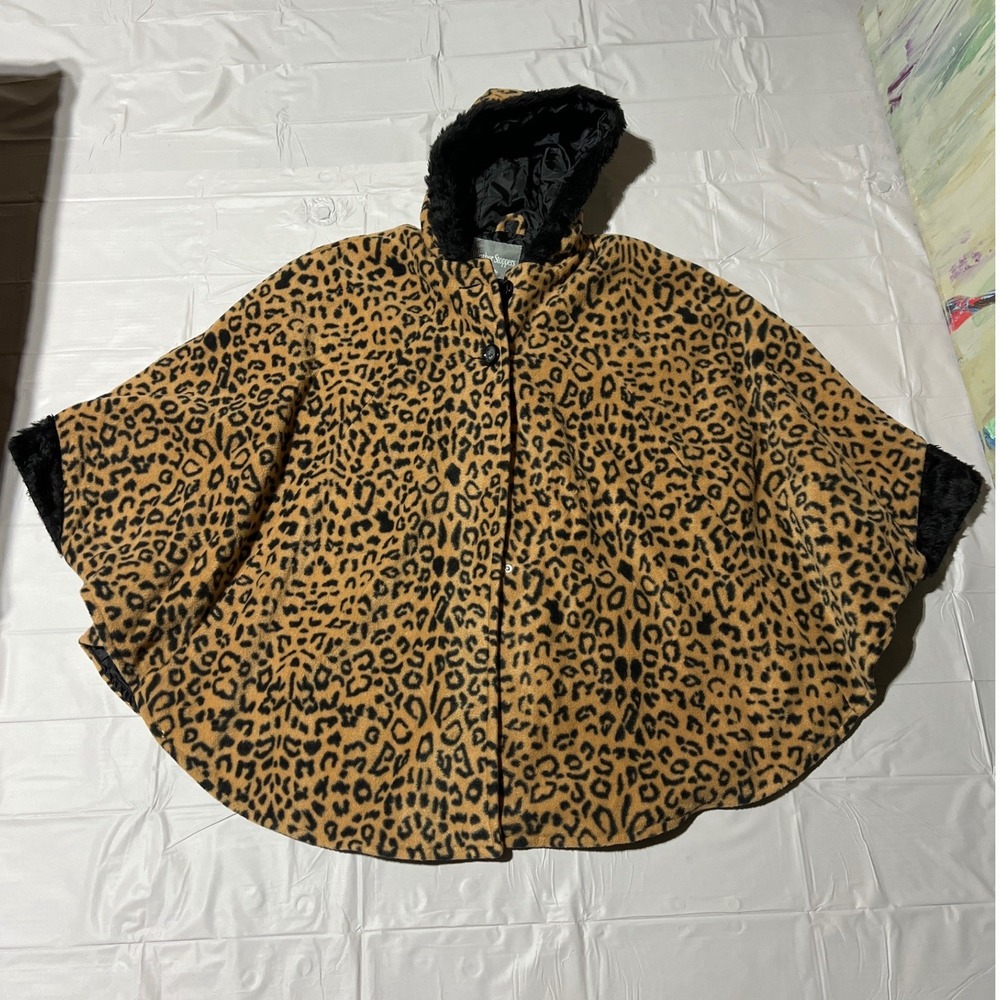 Weather Stoppers by Totes Leopard Print Hooded Poncho Faux Fur Trim One Size
